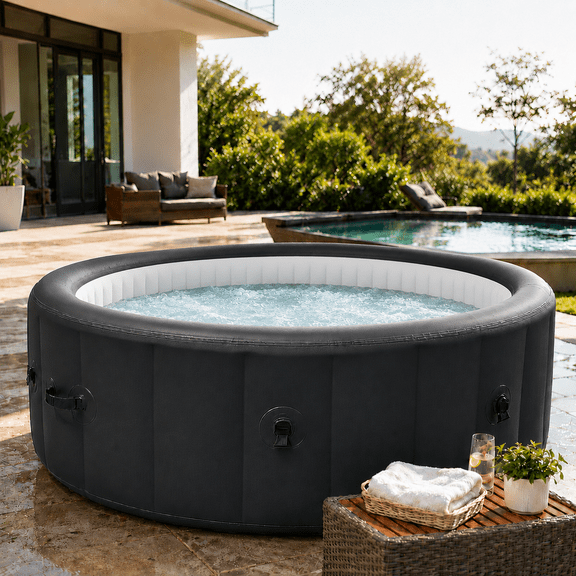85" Inflatable Hot Tub for 4-6 Persons, Portable Outdoor Spa Tub with 150 Air Jets, 104°F Heating, 6-Color Ambient LED Lights, Bubble Massage, One-Touch Inflation, Filter System, Cover & Floor Mat