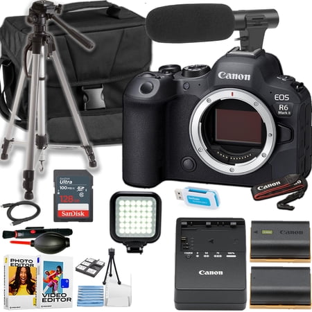 Canon EOS R6 Mark II Mirrorless Camera Body ONLY + Directional Microphone + Camera Case + Tripod + More (18pc Bundle)