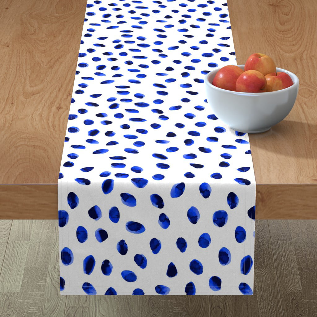 Table Runner Blue White Polka Dot Dots Circles Watercolor Cotton Sateen