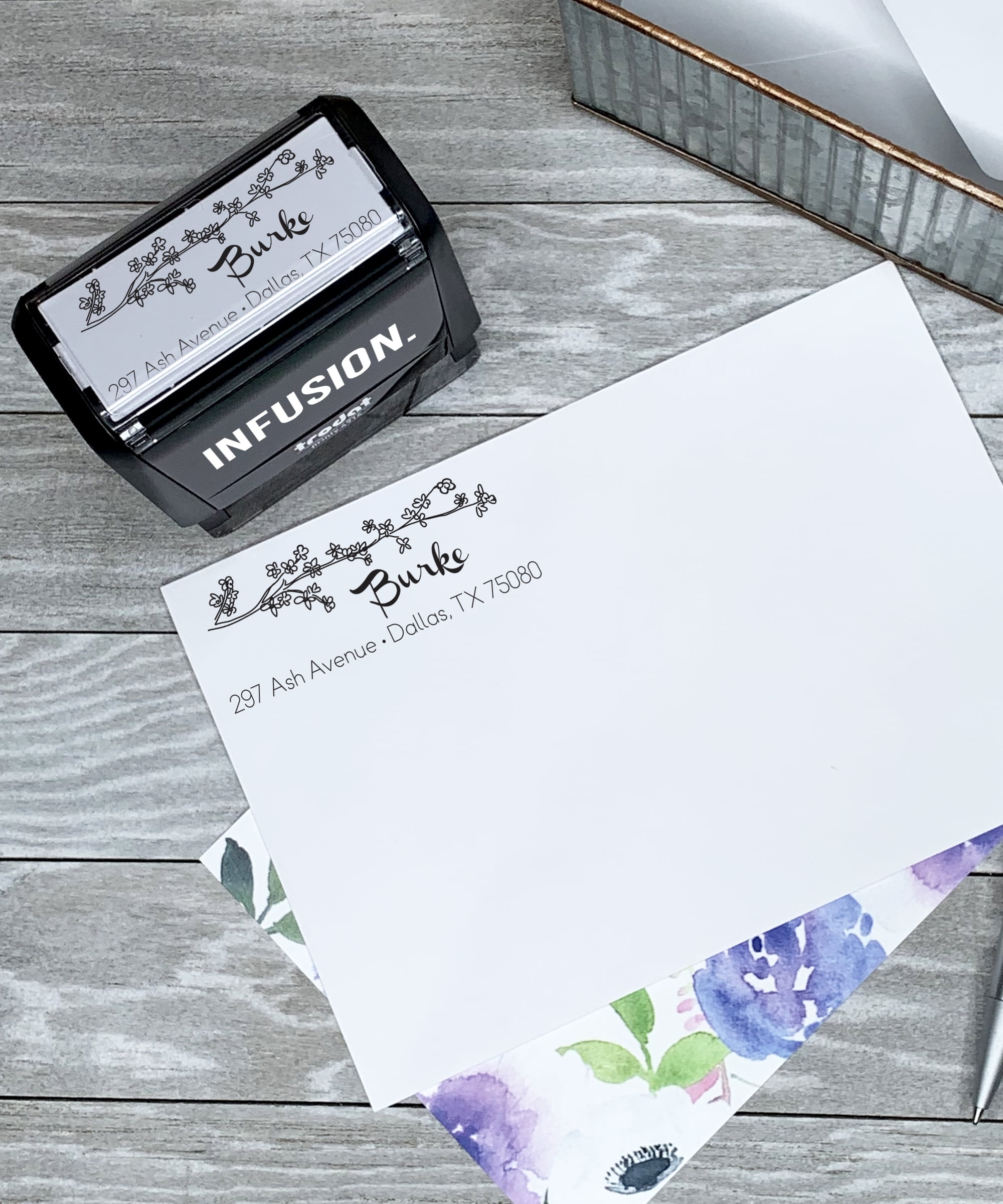 Personalized Rectangular Self-Inking Stamp - The Burke Flowers
