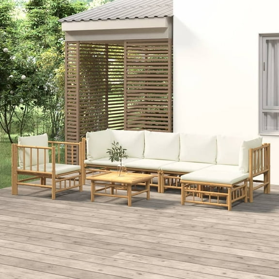 vidaXL 7 Piece Patio Lounge Set with Cream White Cushions Bamboo