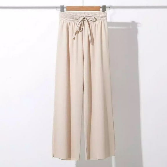 Hvyesh Womens Ice Silk Wide Leg Pants Summer Casual Palazzo Pants Lightweight Dress Work Pants Loose Elastic Waist Drawstring Pant with Pockets