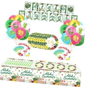 SKYSONIC Hawaiian Tropical Birthday Party Decor Set for Flamingo Luau Summer Includes Plates, Forks, Napkins, Tablecloth, Banner, Balloons for 16 Guests