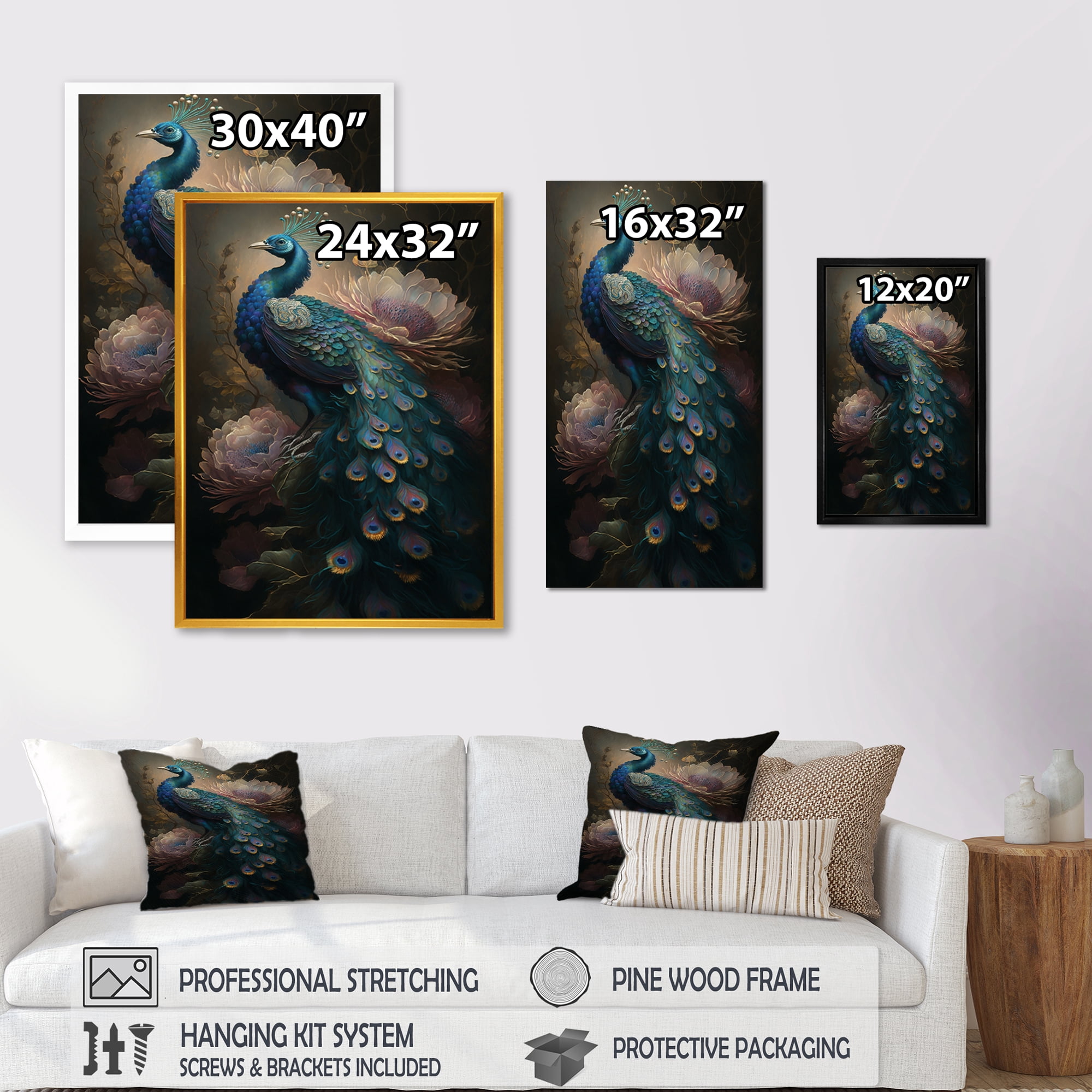 Designart Peacock With Flowers Canvas Wall Art