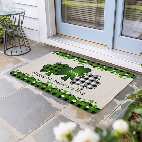 St. Patrick's Day Door Mat Indoor Outdoor, Green and Black Checkered Lucky Non Slip Welcome Mat with Rubber Backing, Absorbent Fabric Front Door Mats Entryway Rug for Home Patio Entrance 20"x31.5"