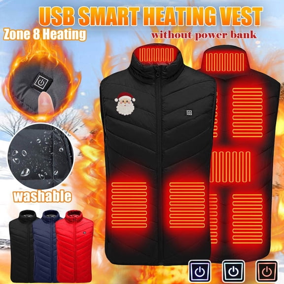 Feancey Heated Winter Vest for Men Big and Tall Single Control 8 Zones Heating Puffer Vests Unisex Santa Claus Print Electric Heated Vests Black M