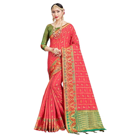 Sarees for Women Banarasi Art Silk Woven Saree - Indian Ethnic Gift Diwali Festival Sari with Unstitched Blouse Peach