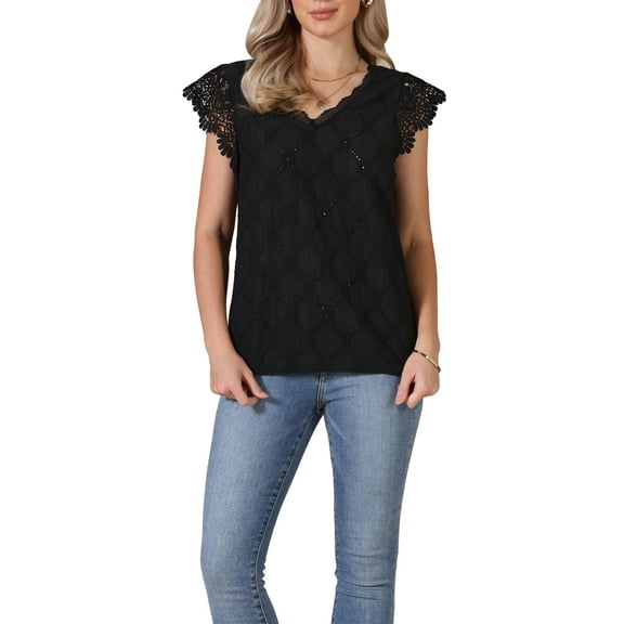 INSPIRE CHIC Lace Tank Top for Women's Hollow-Out Summer Cap Sleeve V Neck Top S Black
