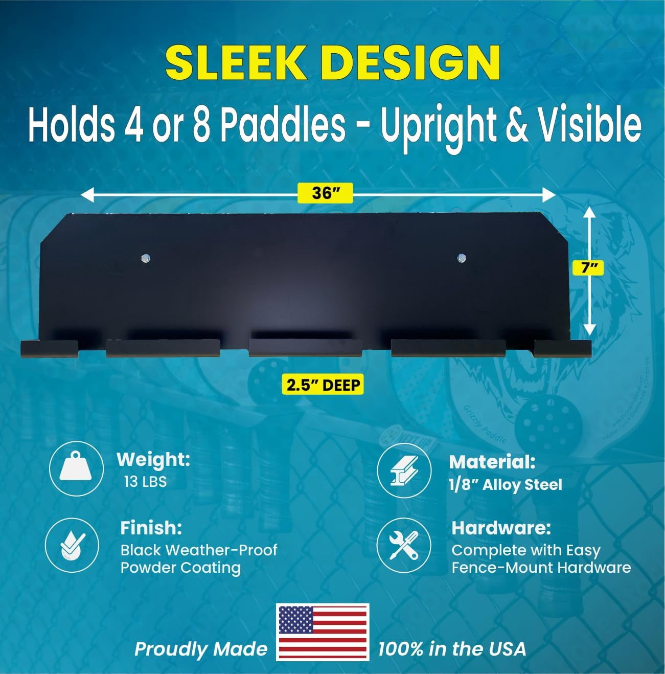 HD Pickleball Paddle Rack Wall Mount – Holds 4 or 8 Paddles, Heavy-Duty 1/8" Steel Organizer, Weather-Proof Powder Coated Court Storage Rack
