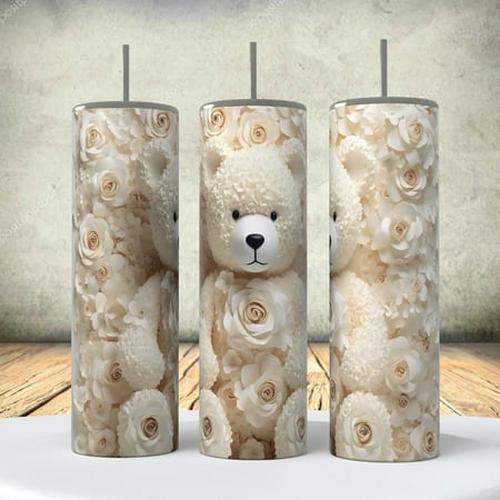 

3D look White Teddy Bear Flowers Tumbler 20 ounce insulated coffee Cup