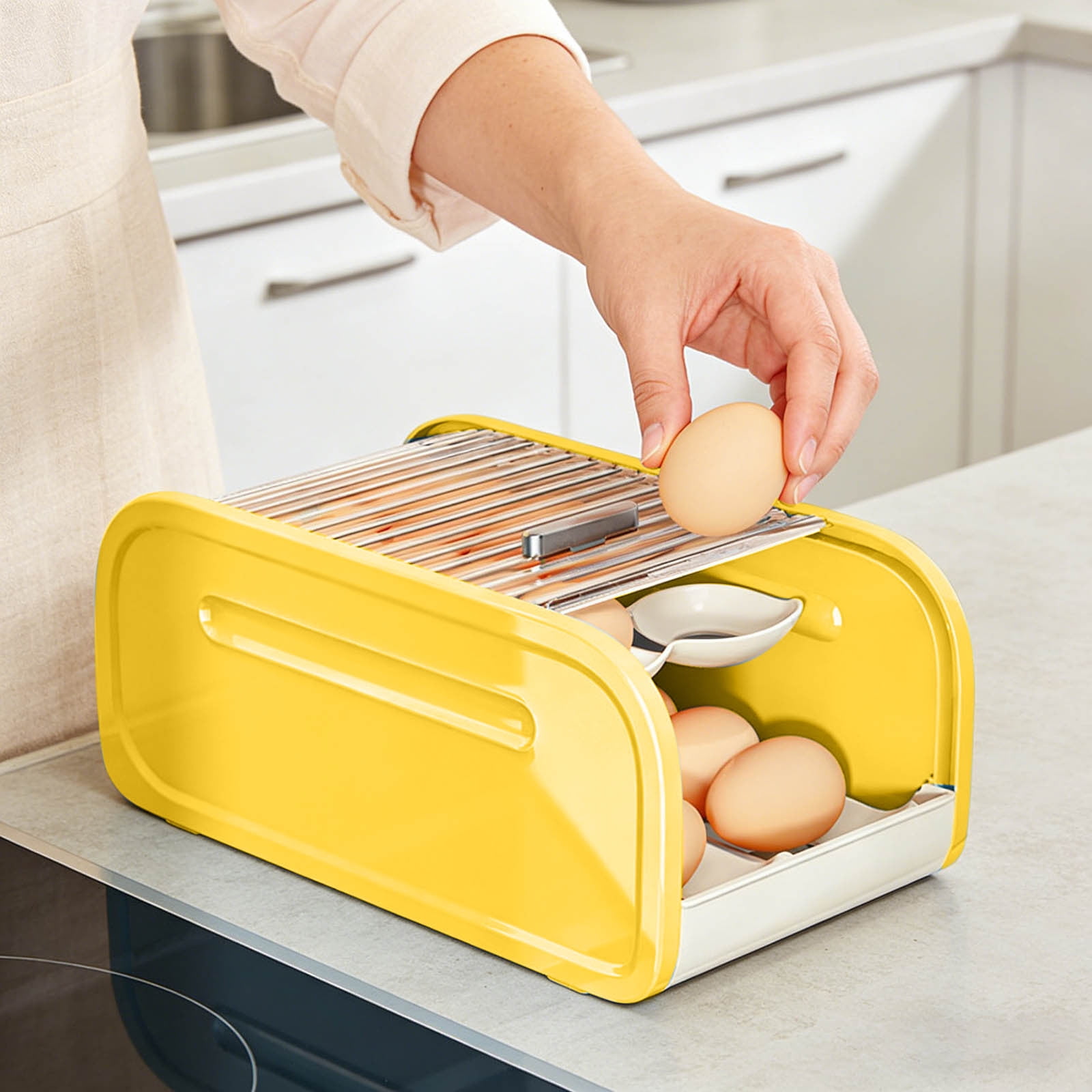 Refrigerator Egg Storage Rack Organizer - Automatic Rolling Rotating Egg Holder, Space Saving Expandable Kitchen Fridge Shelf for Eggs & Food Containers