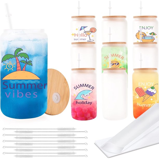 Paquete de 20 vasos de sublimación en blanco con tapas de bambú y pajitas, vasos de vidrio esmerilado de 16 oz con películas retráctiles para café helado, cerveza, jugo, refresco, regalo de bricolaje
