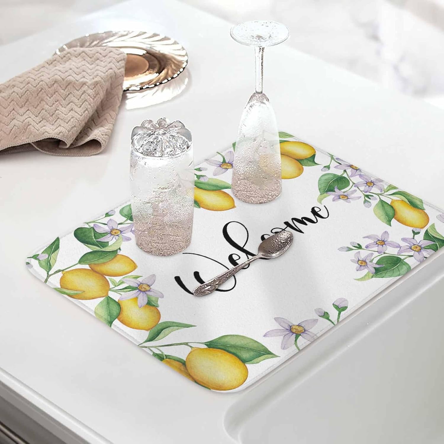 Summer Lemon Dish Drying Mat for Kitchen Counter, Yellow Green Botanical Rustic Welcome Baby Bottle Microfiber Drying Pad, Absorbent Coffee Cup Dishes Drainer Mats 18"x24", 2 Pcs