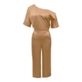 thumbnail image 3 of Women's Soild Color Satin Jumpsuit, Elegant Off Shoulder Wide Leg Romper with Side Pockets, High Waisted Casual Jumpsuits for Women Evening and Daily Wear Khaki S, 3 of 4