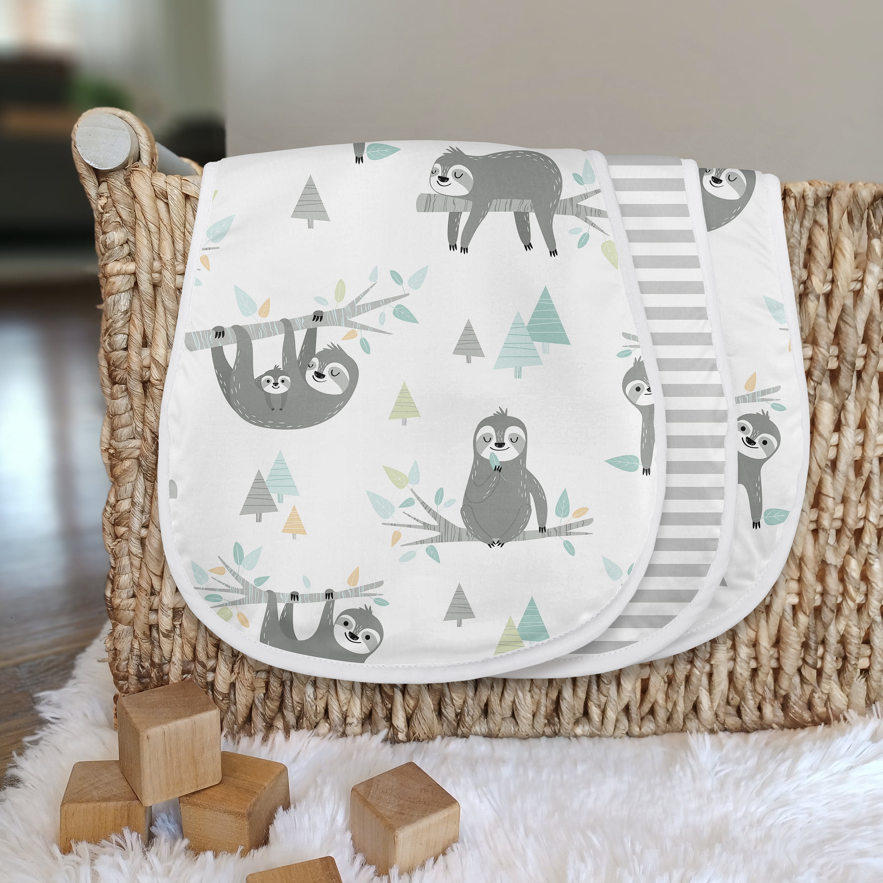 Sweet Jojo Designs Sloth Blue Grey and White Absorbent Burp Cloths 3 Piece Set