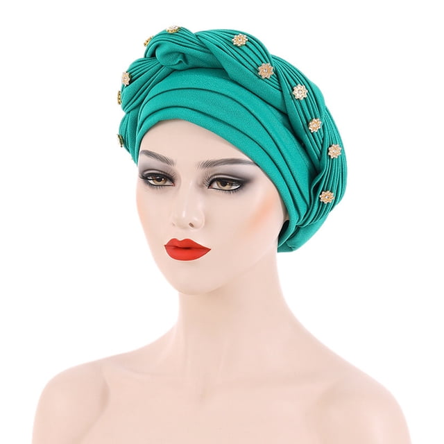 Fashion Women Beading Braid Hat Muslim Ruffle Cancer Wrap Cap Sleep Caps Satin Lined Hair Bonnets
