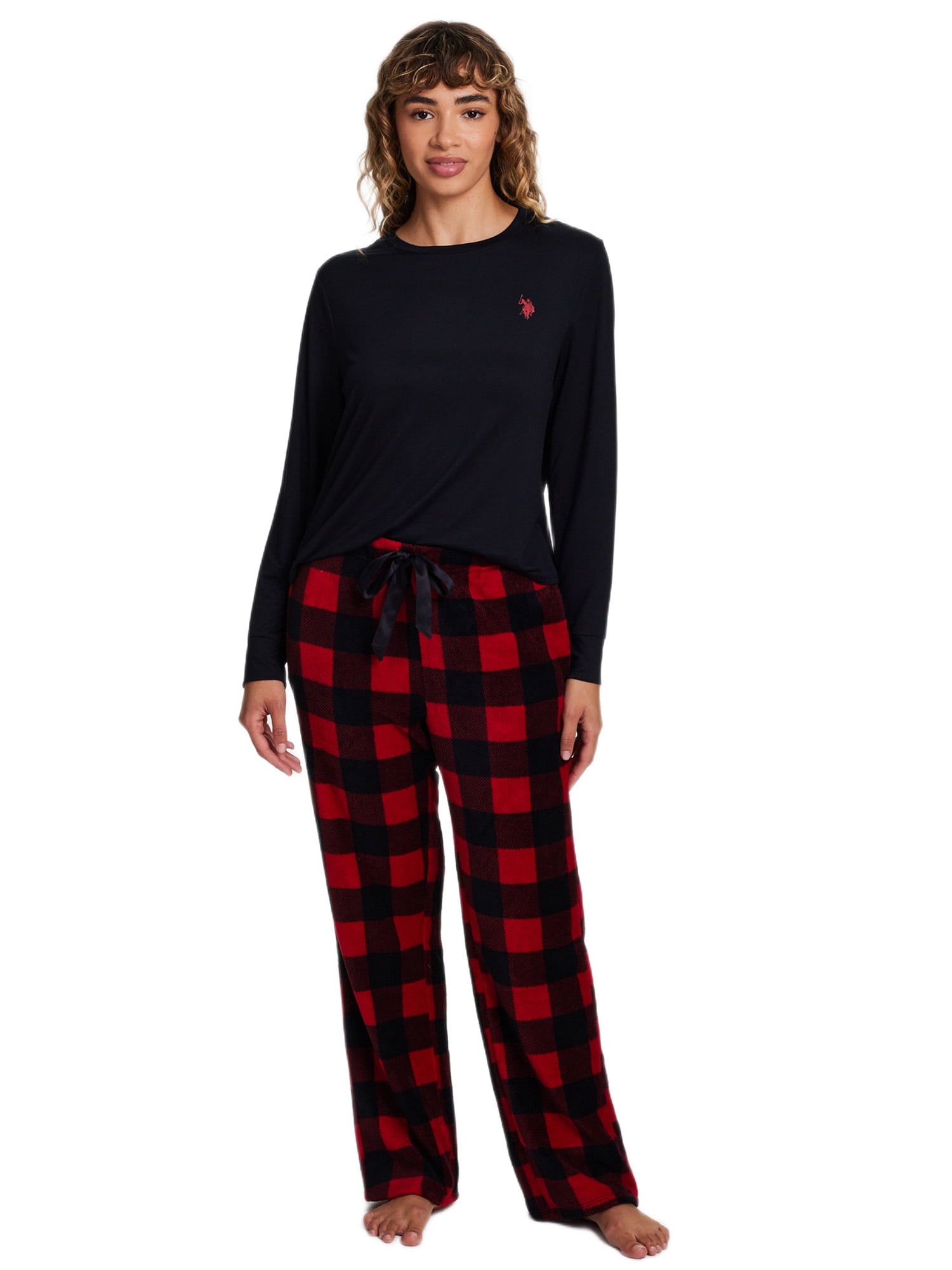 U.S. Polo Assn. Women's Holiday Giftable Long Sleeve Top and Plush Pant Pajama Sleep Set, 2-Piece, Sizes S-3X
