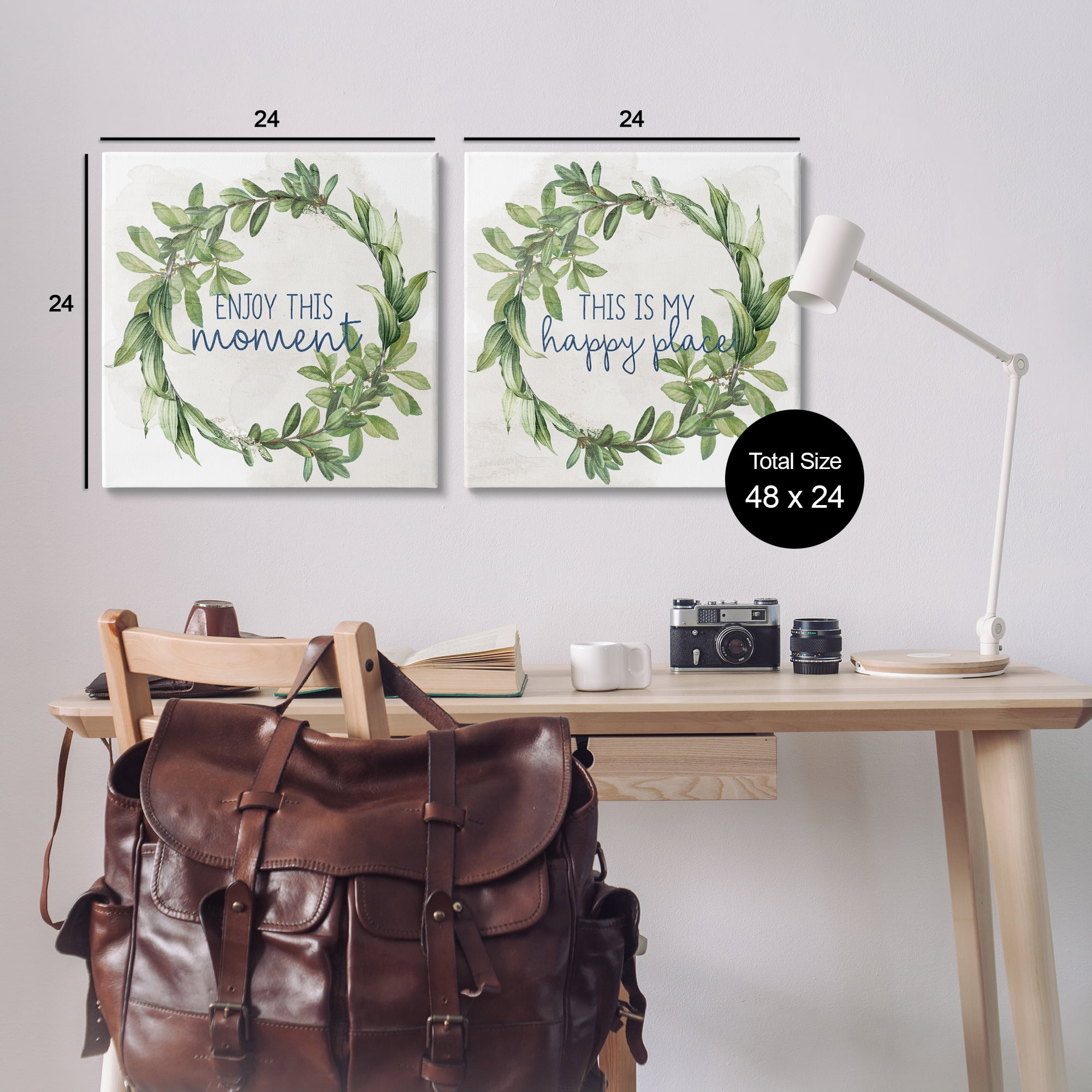 Stupell Industries Enjoy Happy Greenery Wreath Text & Numbers Painting Wrapped Canvas Art Print Wall Art, 24 x 24, Set of 2