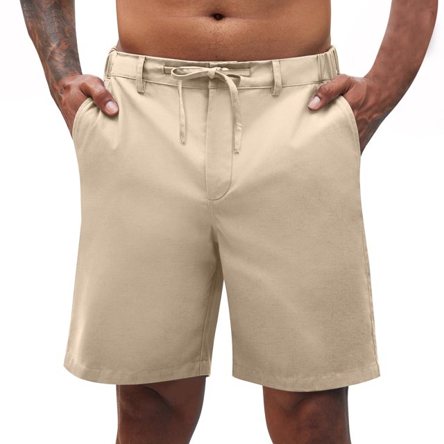 Ndbuld Mens Golf Shorts 7 Inch Inseam Men's Linen Solid Color Shorts Summer Fashion Outdoor Shorts Daily Breathable Straight Leg Shorts on Clearance Khaki XL