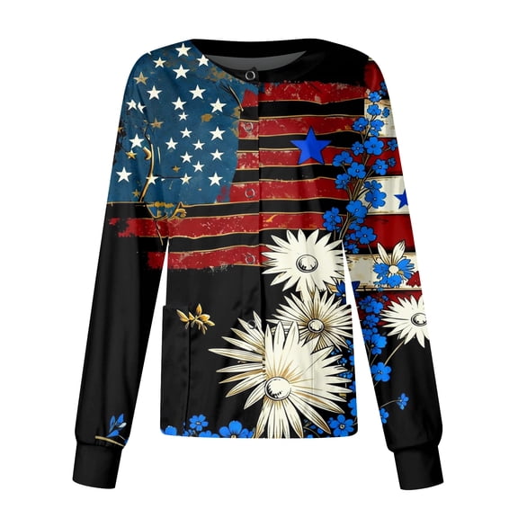 Womens Scrub Jackets 250th Anniversary Usa Nurse Uniforms Casual Long Sleeve Crew Neck Patriotic American Flag Shirts