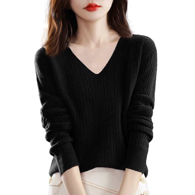 IMENGL Wool core spun yarn knit sweater, Black M, Size M-2XL