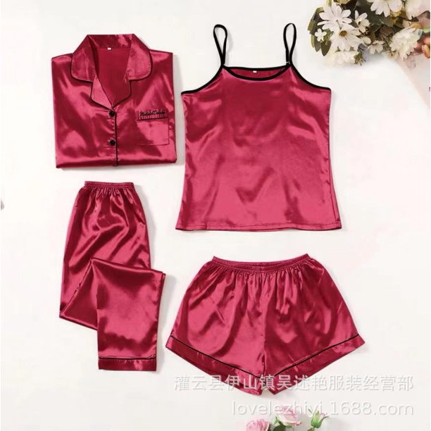 Conjunto de pijama de cuatro piezas fino de moda con tirantes para mujer para todas las estaciones