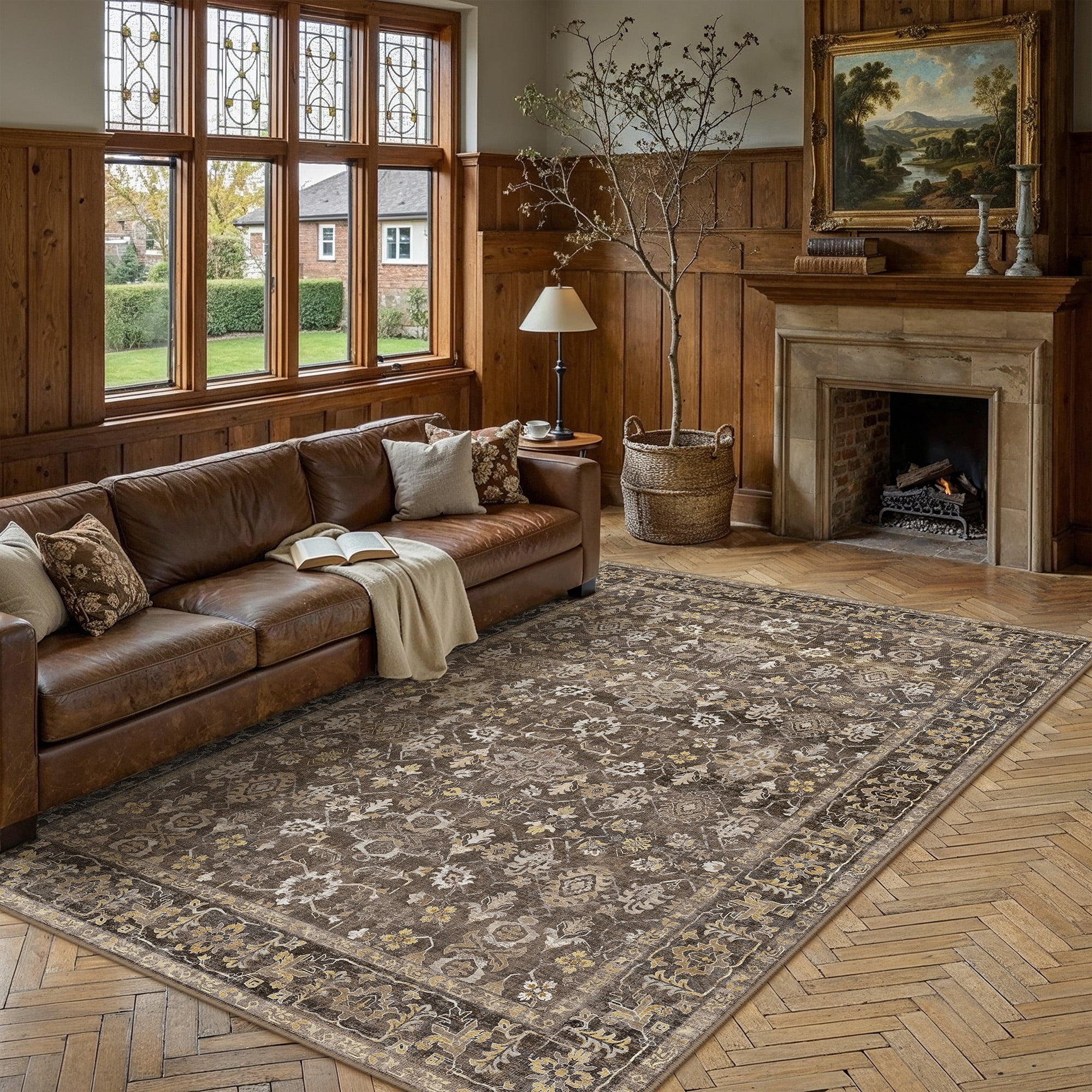 BERTHMEER 8'x10' Area Rugs for Living Room Large Vintage Brown Carpets for Bedroom Office Machine Washable Farmhouse Dining Room Oriental Rugs Non Slip Traditional Distressed Rugs