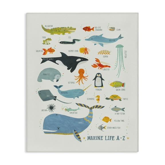 Stupell Industries Marine Life ABC Alphabet Education Painting Wrapped Canvas Art Print Wall Art, 16 x 20