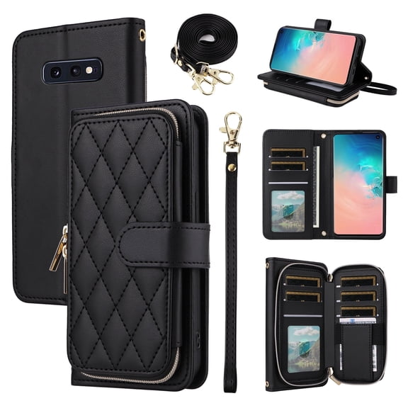 Furiet Argyle Wallet Case for Samsung Galaxy S10e with Wrist/Shoulder Strap Zipper Purse Luxury PU Leather Card Holder Slots Stand Checkered Phone Cover for S 10e 10se Se10 Women Girls Black