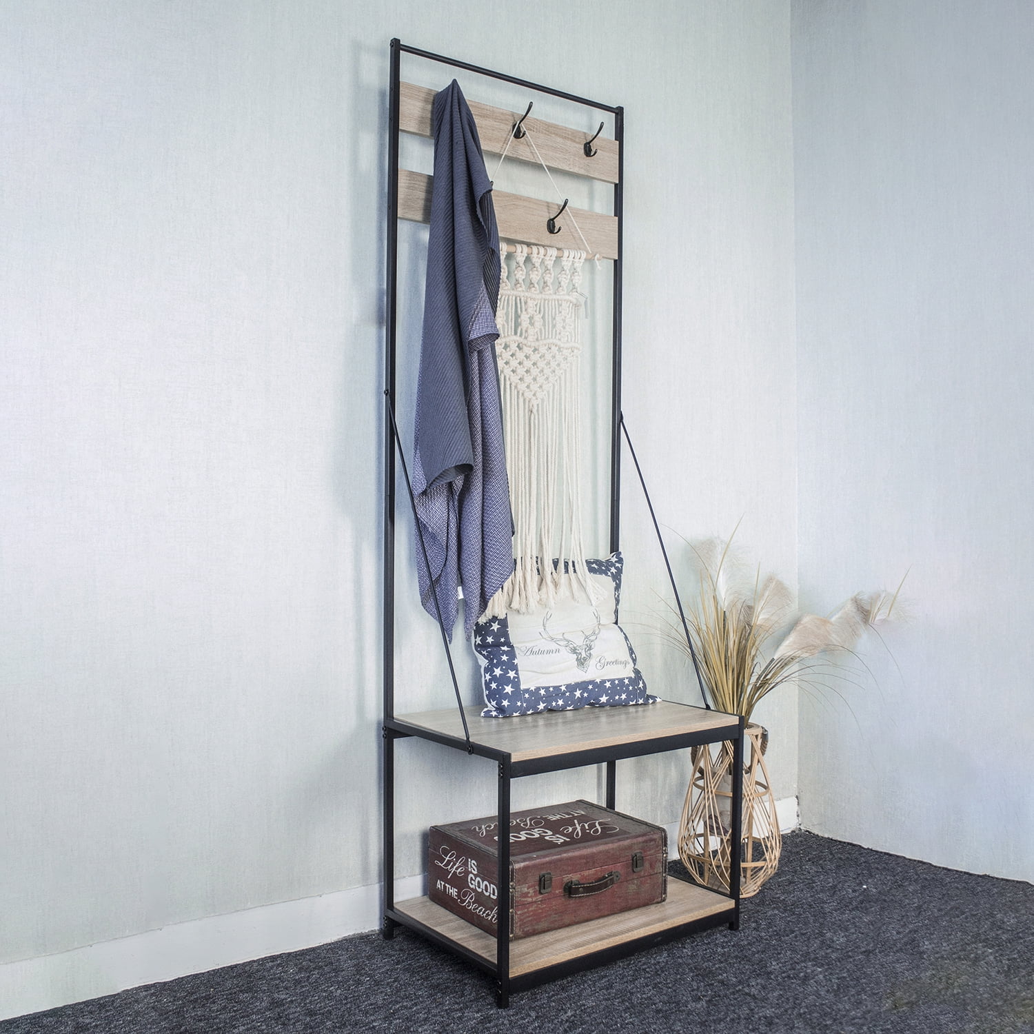 Resenkos 3 in 1 Entryway Hallway Coat Rack Storage with 5 Hooks, Wood Look Accent Furniture with Steel Frame, Light Brown Resenkos 3 in 1 Entryway Hallway Coat Rack Storage with 5 Hooks, Wood Look Accent Furniture with Steel Frame, Light Brown