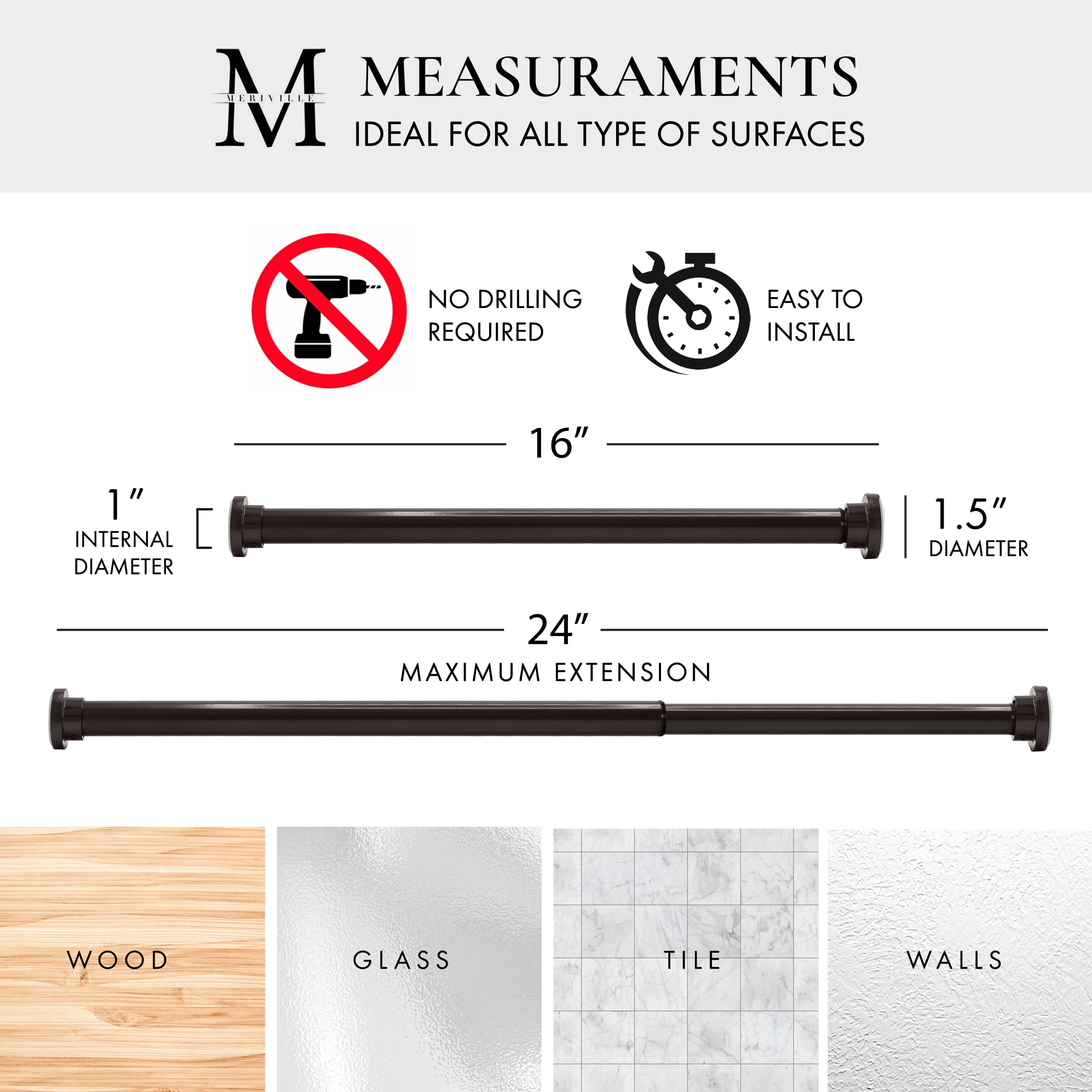 Meriville 1-inch Diameter Metal Tension Rod, Adjustable 16-24, Oil-Rubbed Bronze