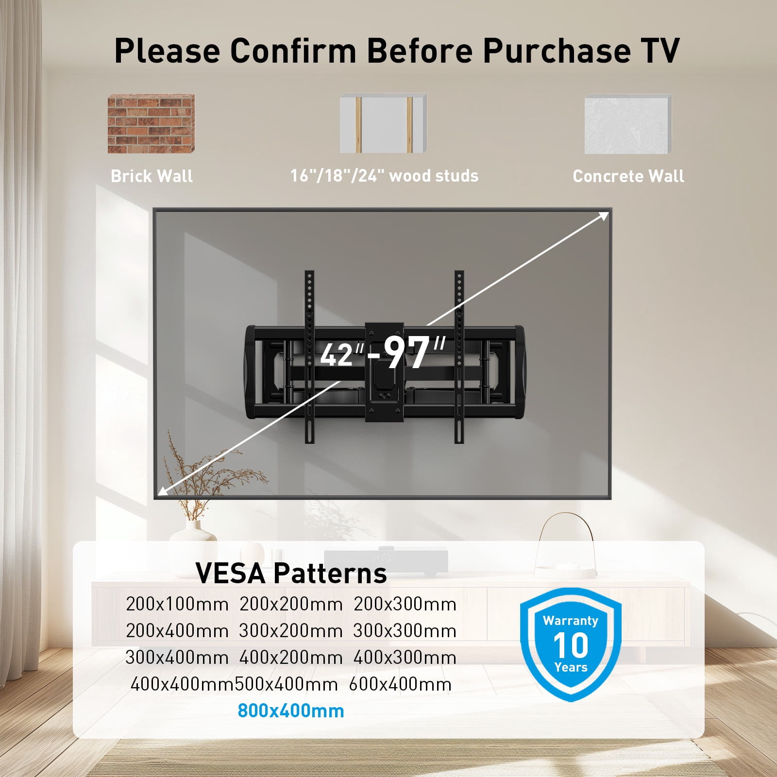 MountFTV Full Motion TV Mount for 42-97" TVs, Max 800x400mm, Holds up to 165 lbs, Fits 16″/18″/24″ Wood Studs, TV Wall Mount Bracket with Dual Articulating Arms, Swivel, Tilt Extension