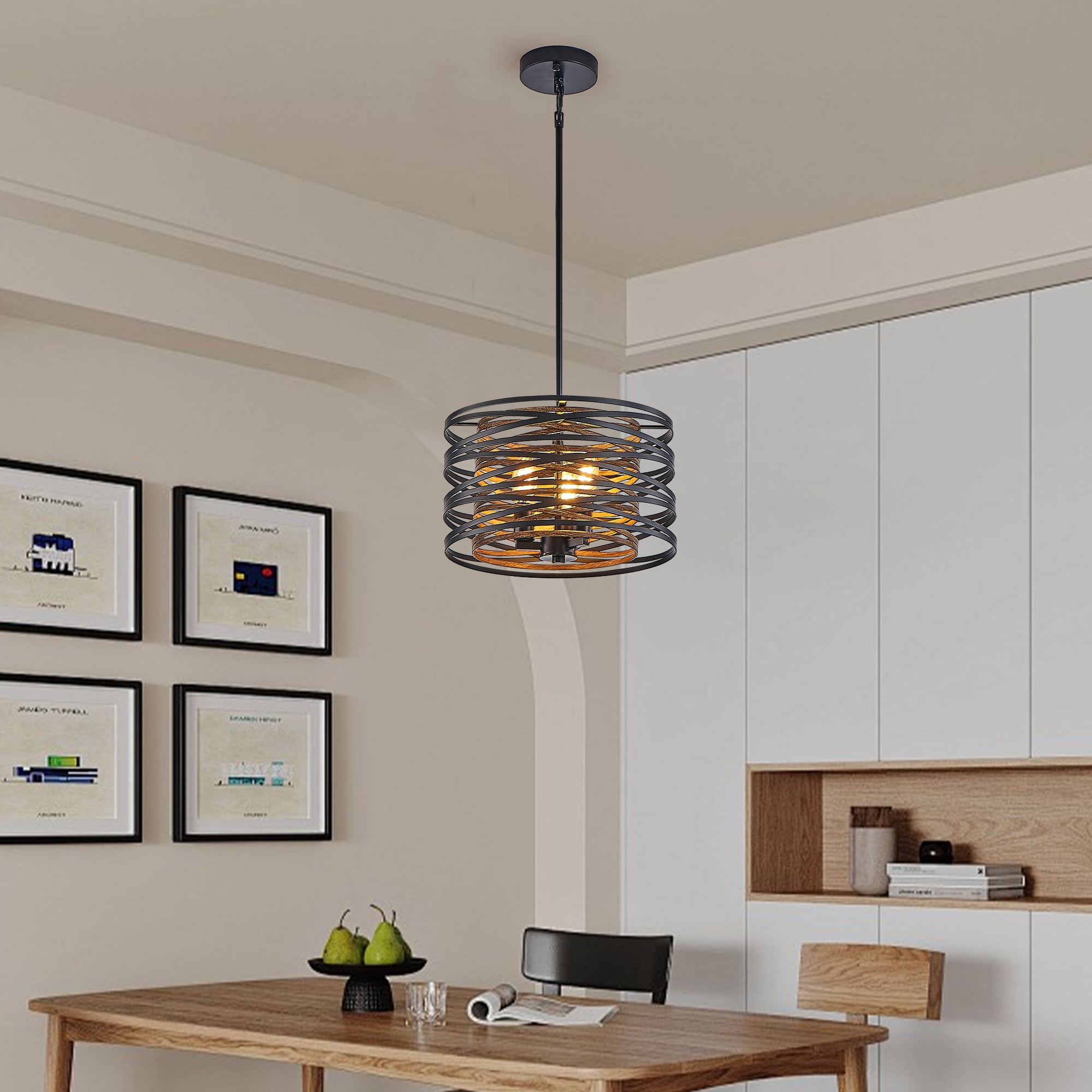 12.6''Farmhouse Chandeliers Rustic Drum Pendant Light for Dining Room,3-Light Industrial Metal Hanging Light Fixture, Retro Wood Texture Interior E12