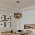 thumbnail image 2 of Farmhouse Drum Chandelier 3-Light Pendant Light, Black and Wood Finish, Adjustable Height for Dining Room, Kitchen Island, Foyer, 2 of 10
