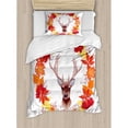 thumbnail image 3 of Fall Duvet Cover Set King Size, Reindeer Head in Rounded Floral Wreath Frame Made with Aesthetic Fall Leaves Print, Decorative 3 Piece Bedding Set with 2 Pillow Shams, Brown Orange, by Ambesonne, 3 of 3