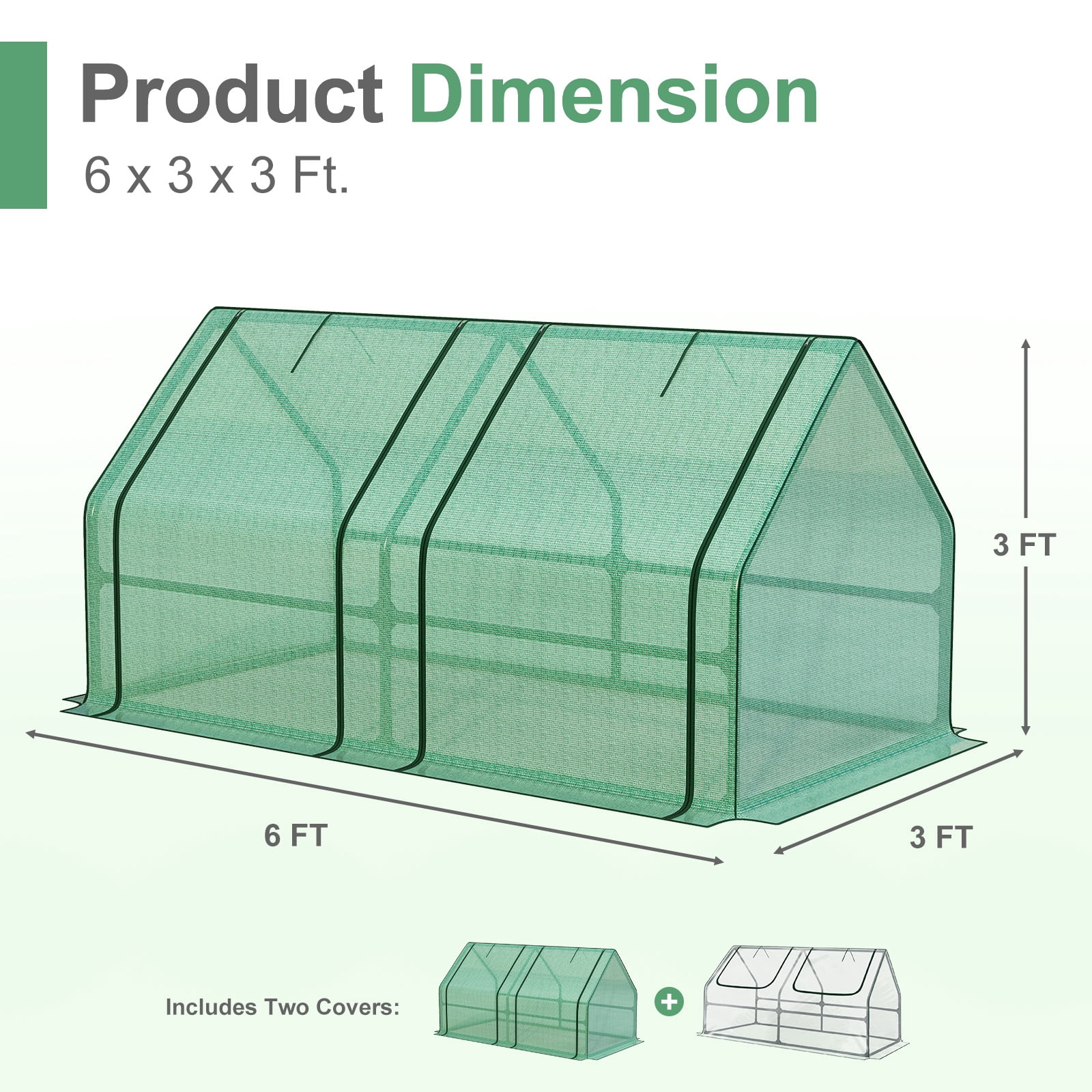 Aoodor 6 ft. x 3 ft. x 3ft. Mini Greenhouse with 2 Zipper Doors, Water Resistant UV Protected for Flowers, vegetables and herbs with 2 Covers