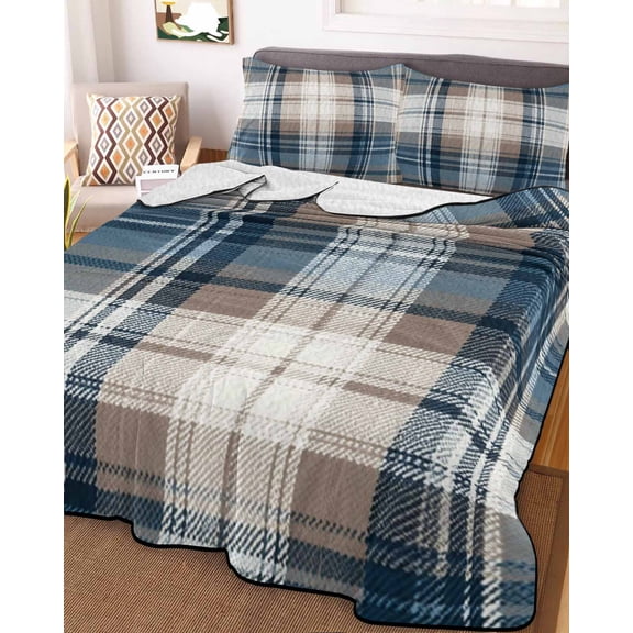 Blue Brown Plaid King Size Down Alternative Comforter, Lightweight Comforter Quilt Bedding Set with Pillow Shams Vintage Abstract Stripes Lattice All Seasons Bed Comforter Duvet Insert 96"x106"