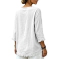 thumbnail image 6 of Qzwdhjm Linen 3/4 Sleeve Tops for Women V Neck Loose Fit Shirts with Frayed Hem Summer Fall Casual Blouses for Dailywear, 6 of 8