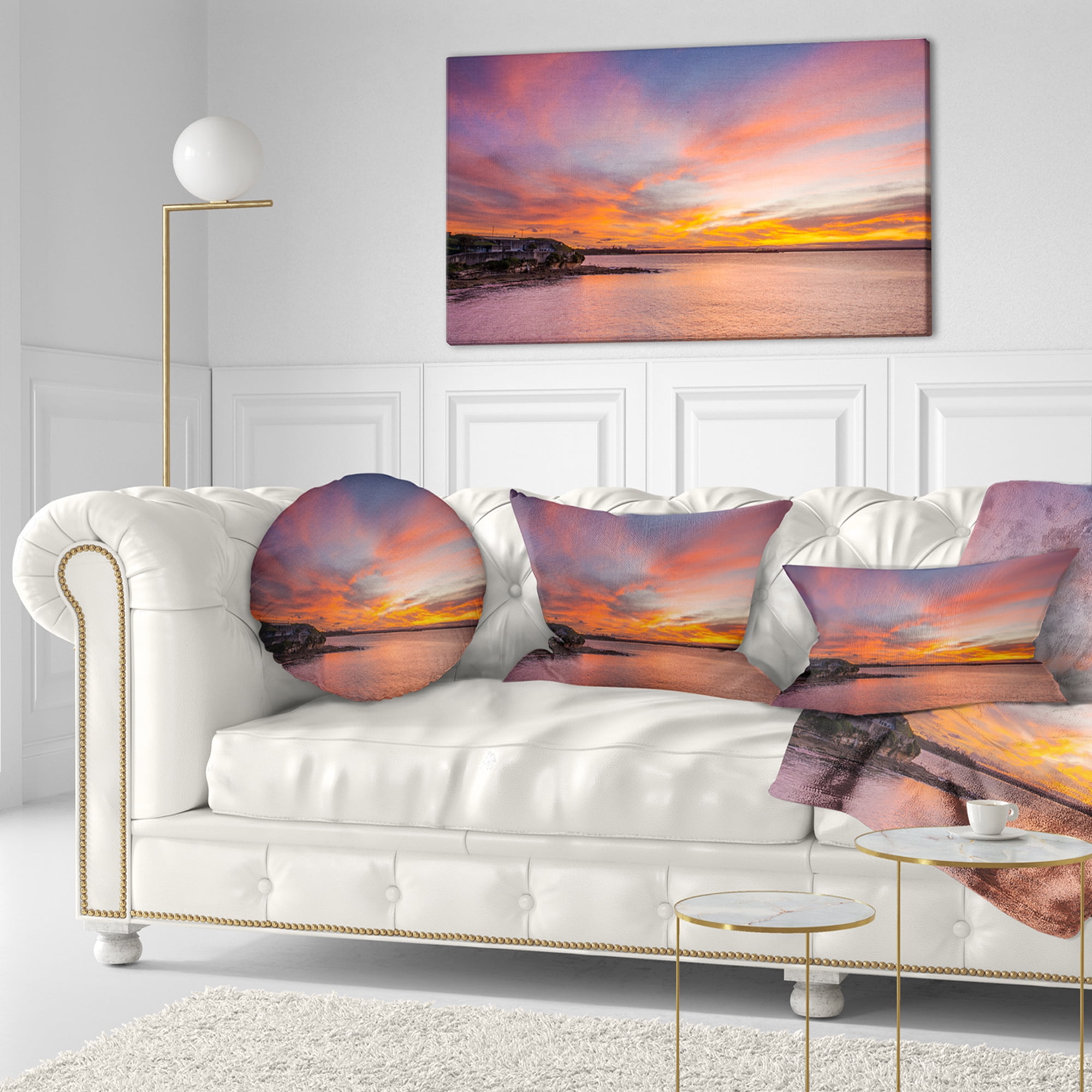 Designart Calm Sydney Beach with Yellow Sky - Seashore Throw Pillow - 12x20