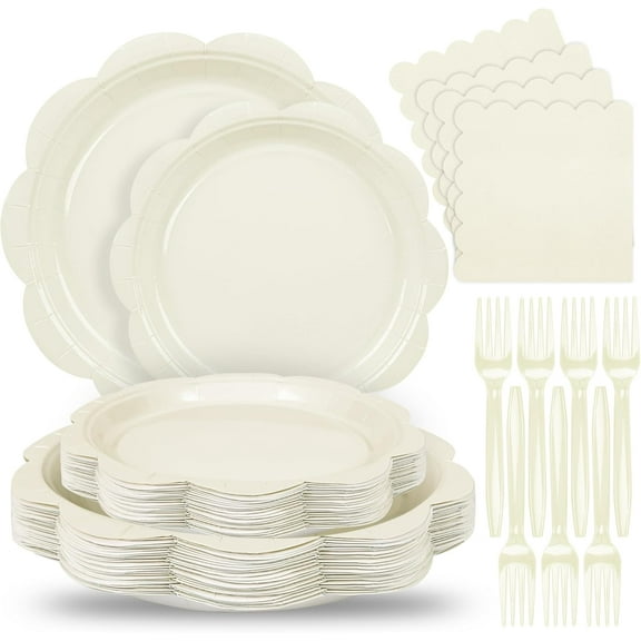 96 Pcs Ivory Paper Plates and Napkins Set Party Supplies, Tableware set for 24 Guest include Disposable Ivory Scalloped Plates, Napkins and Forks for Baby Shower Bridal Shower Wedding