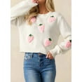 thumbnail image 4 of Womens Sweet 3D Strawberry Pattern Knitted Sweater Casual Loose Long Sleeve Pullover Sweater Tops Cream White XL, 4 of 10