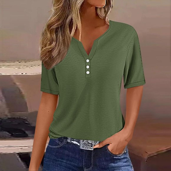 Jsaierl Womens Trendy Summer Tops 2024 Classic Notched V Neck Henley Shirts Solid Color Basic Short Sleeve Blouses Lightweight Soft Comfy Tunics