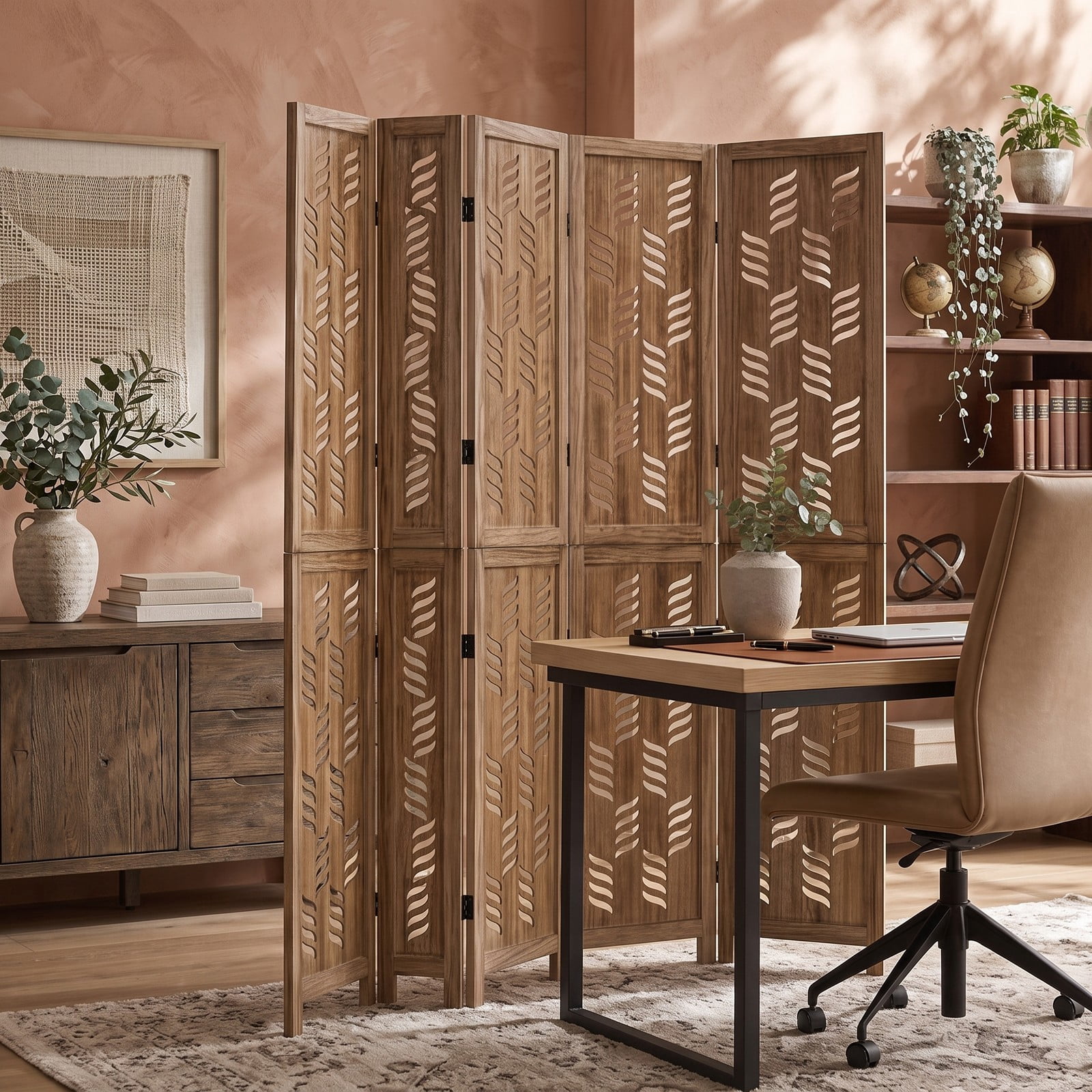 ALPULON 5.5 FT Tall 6-Panel Folding Room Divider Privacy Screen with Wave Cutout and Paulownia Wood Frame for Living Room Bedroom Office, Brown