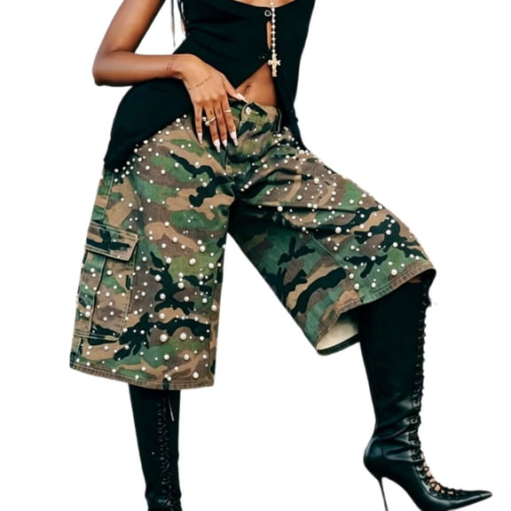 Women's Rhinestone Camo Denim Cargo Shorts, Mid Length Jean Shorts with Pockets