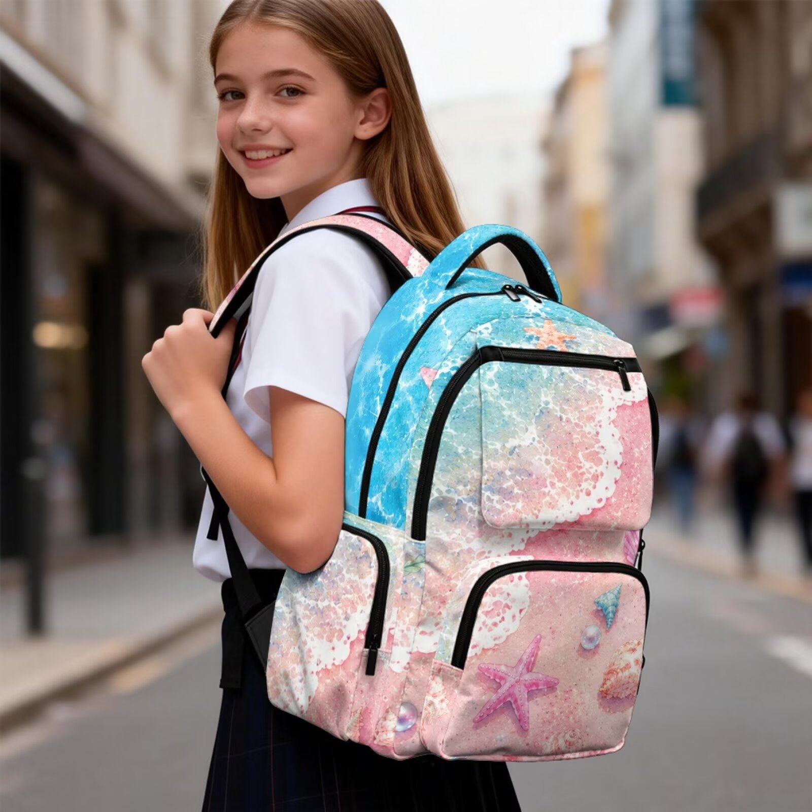 Mochila escolar de 17 pulgadas para niñas de primaria, con estampado de estrellas de mar y conchas, ligera para viajes 5