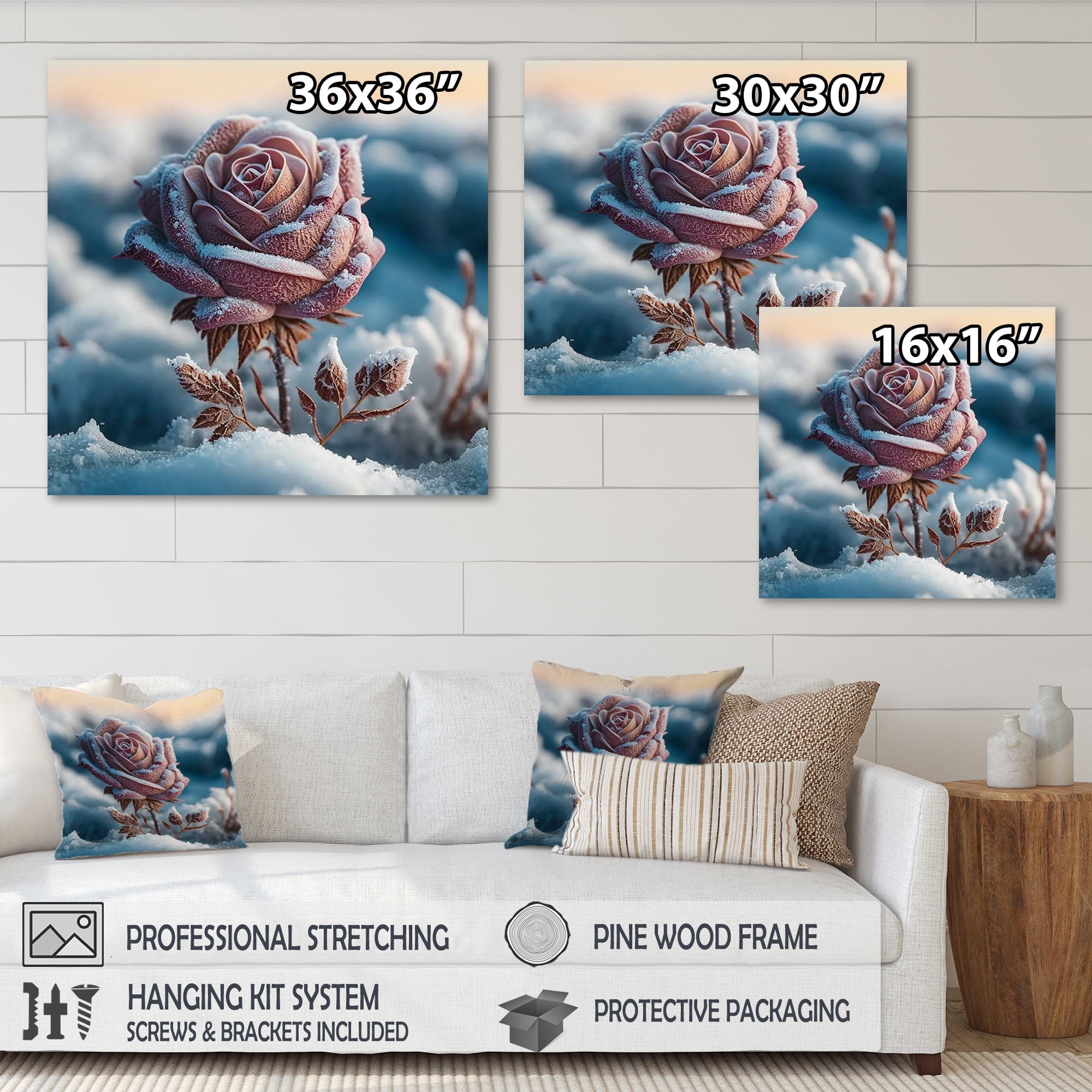 Designart A Blooming Pink Rose Flower In Winter I Canvas Wall Art