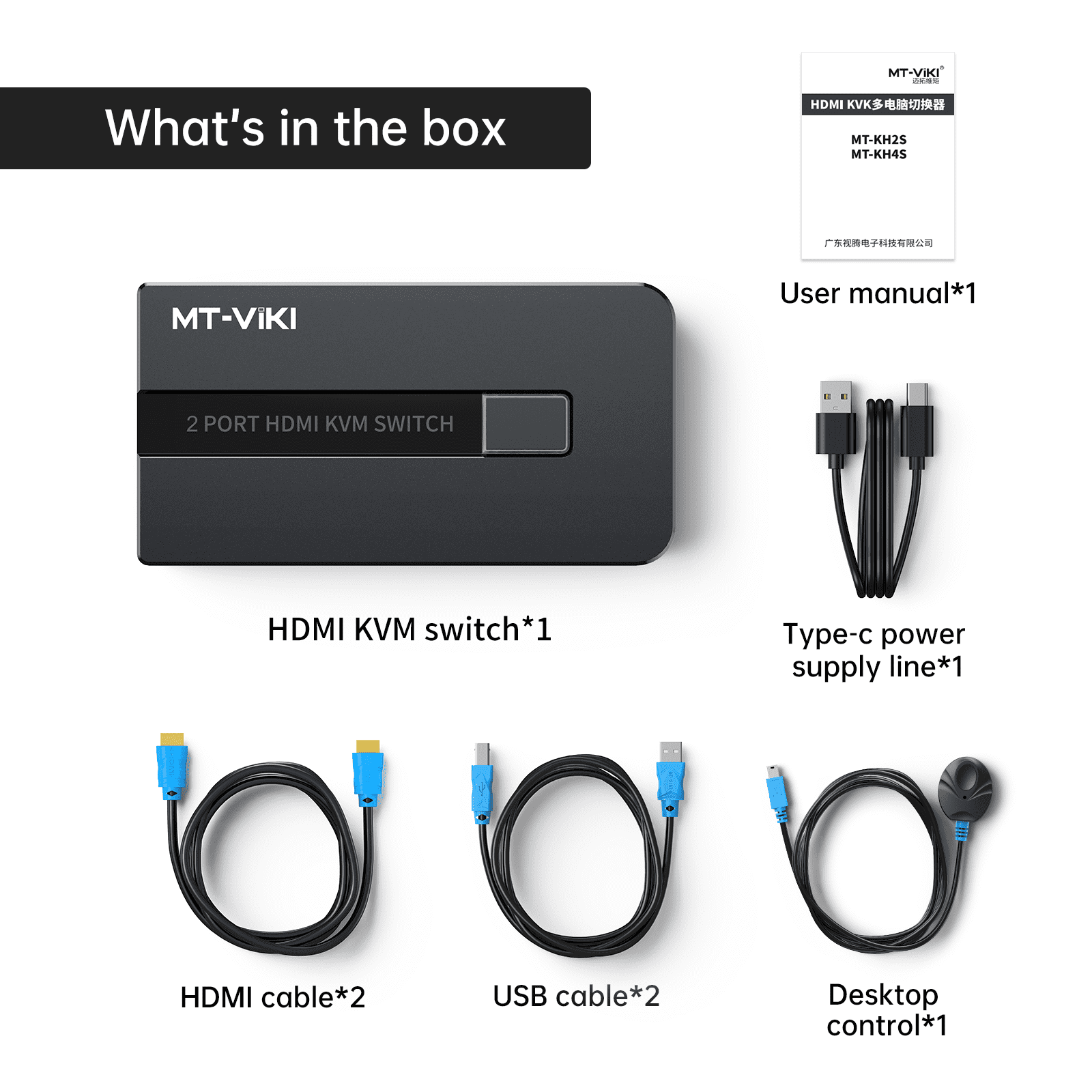 KVM Switch HDMI 2 port Boxes, MT-VIKI 4K@30hz USB HDMI KVM Console for 2 PCs share 1 HD Monitor and Keyboard Mouse with 2 HDMI USB Cables + Desktop Selector