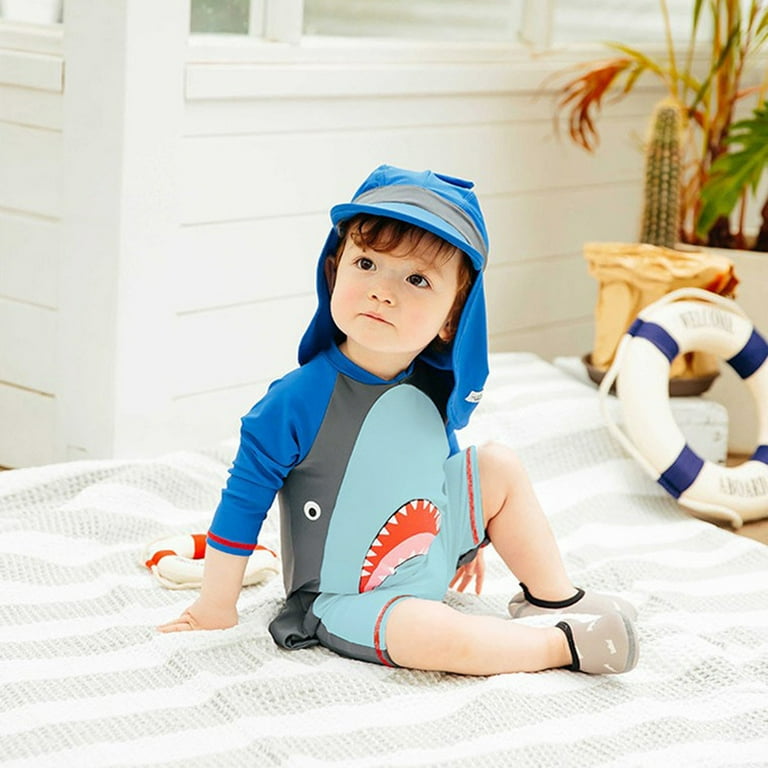 qILAKOG Little Baby Swimsuit UV Protection Costume Toddler Baby Boys Swimwear Long Sleeve Fish Modelling Printed Hoody One-Piece Swimming Suit 4-5 Years