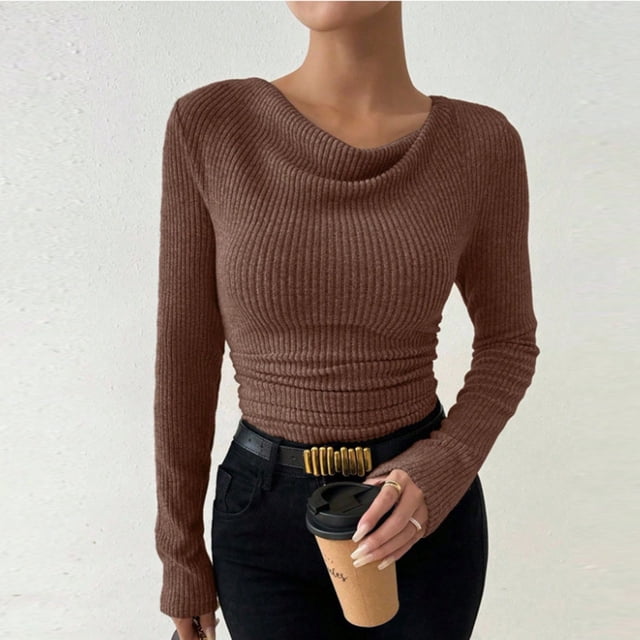 Fall Cowl Neck Sweater Tops for Women Long Sleeve Ruched Slim Fitting Ribbed Knit Fall Winter Trendy Shirts Coffee M