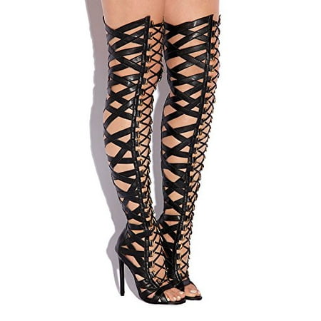 Lust For Life Psycho Leather Caged Lace Up Gladiator Sandals Thigh High Heel (10) (10 B(M)